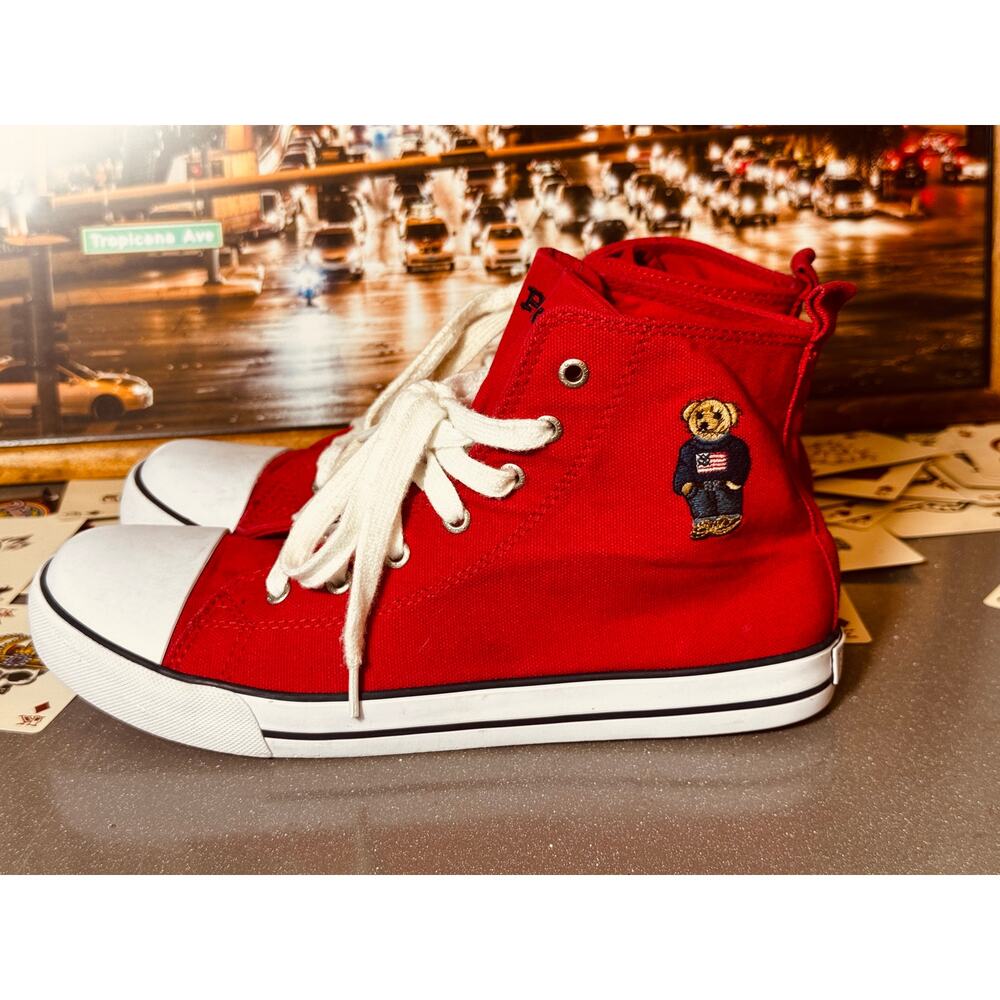 Polo Ralph Lauren Hamptyn Hi II Bear High Top Sneakers Red White Canvas Men’s 7